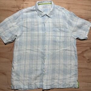 Tommy Bahama Mens Shirt L Sky Blue Striped 100% Linen Button Up‎ Long Sleeve